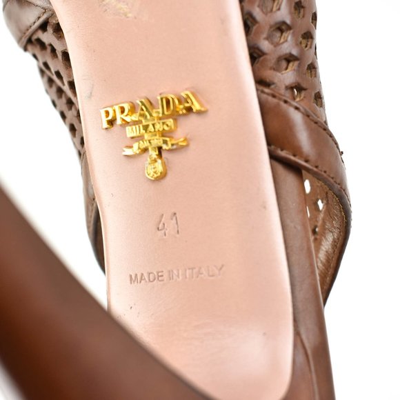 PRADA: Brown, Laser-Cut Leather Platform Sandals - Picture 9 of 10